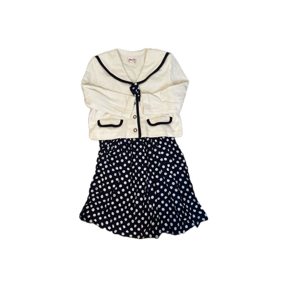 Polka dot sweater and skirt set with neck tie